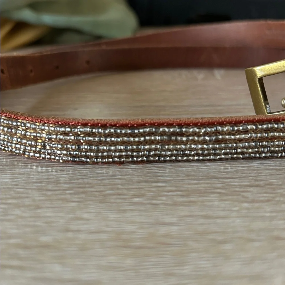 Motif 56 Seed Bead Covered Thin Leather Belt with Brass Rectangle Buckle - Large